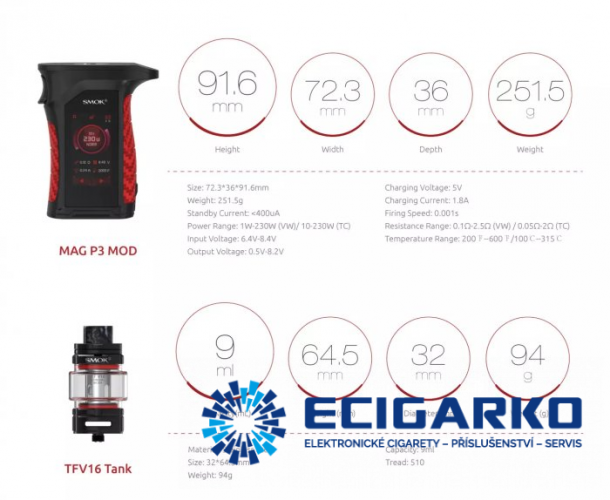 Smoktech Mag P3 Grip TC230W Full Kit - Barva produktu: Červeno-Černá